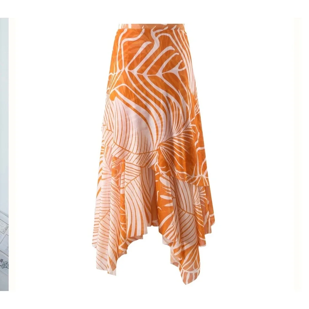 Florentine Swimsuit Set Womens L Orange New Palm Leaf Ruffle One Piece Sarong
